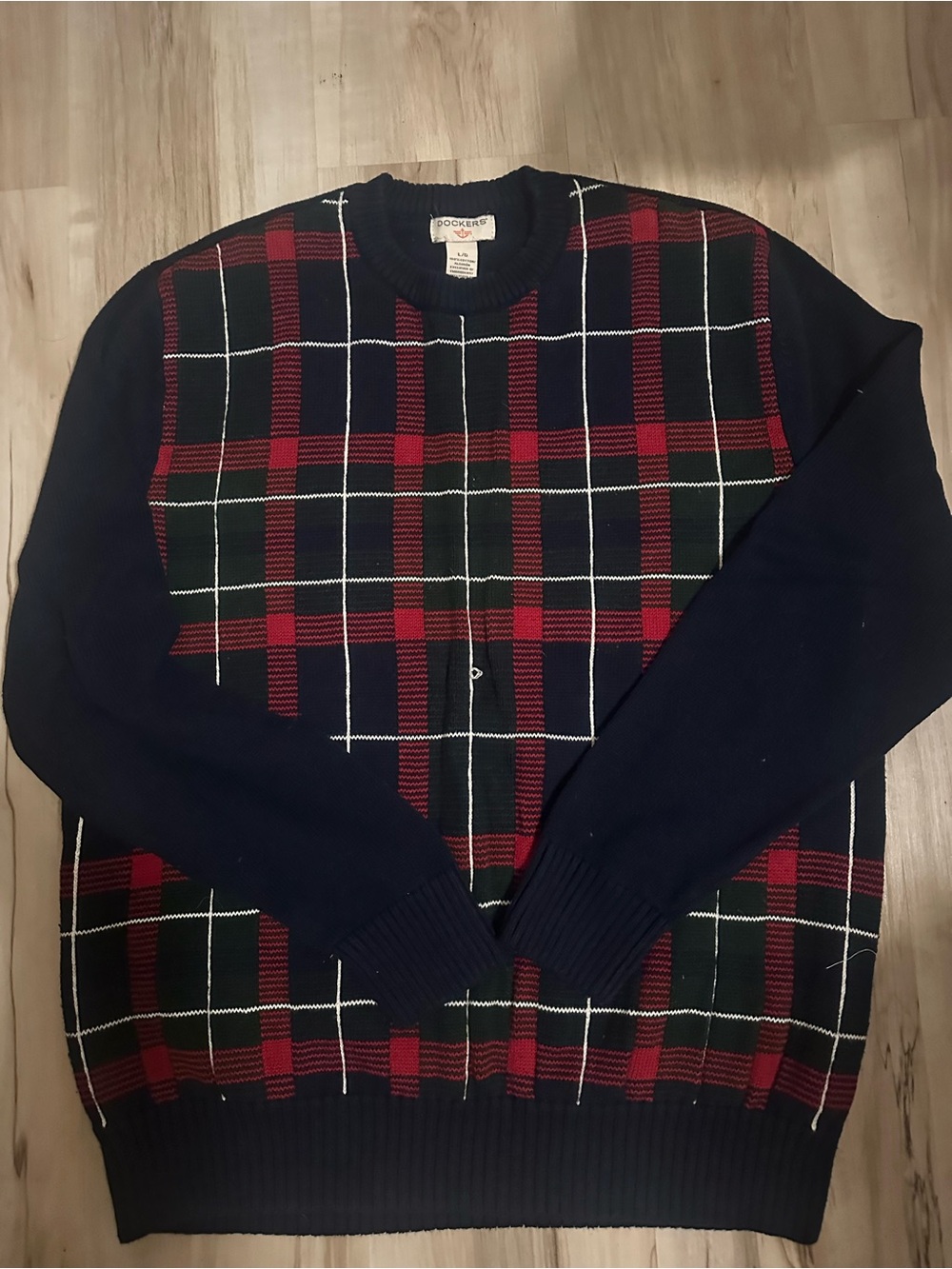 Dockers Navy Crewneck Sweater with Red & White Plaid